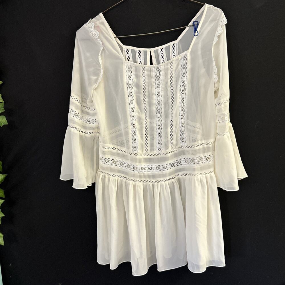 Cream Sheer Lace Ruffle Sleeves Boho Cottage Core Tunic Top Dress Size Medium